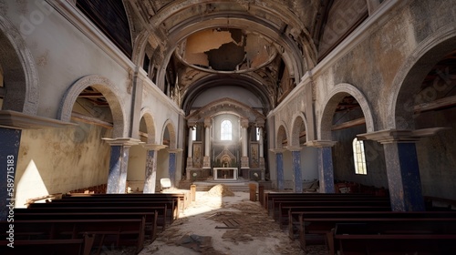 Interior of abandoned catholic church, obsolete and ruined, AI generative