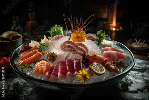 Japanese sashimi, nice artistic arrangement on ice, AI generative photorealistic food illustration