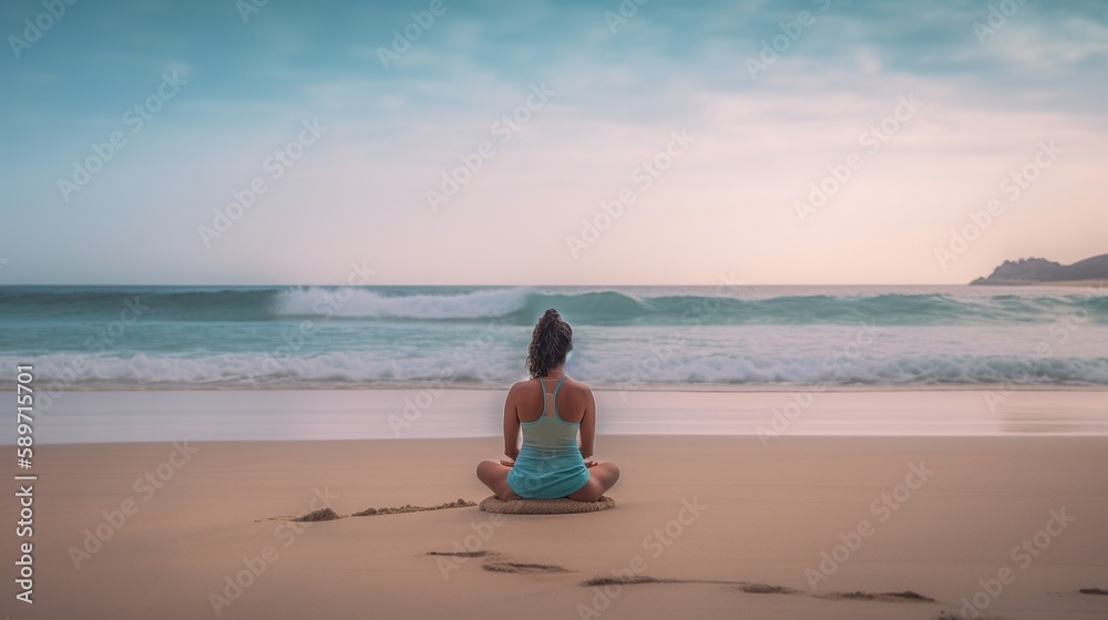 Young woman meditating, doing yoga on sandy beach at sunset, AI generative.