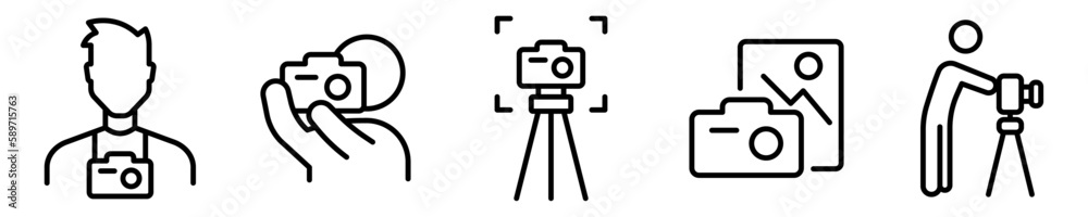 Conjunto de icono de fotografía. Fotógrafo profesional. Foto, retrato, cámara instantánea. Ilustración vectorial