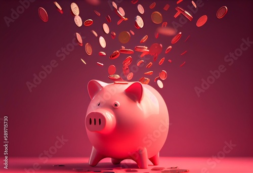 Hovering Piggy bank with falling dollar coins. Front view. Finance, saving money, pink piggy bank on bright red background. 3d rendering. Generative AI