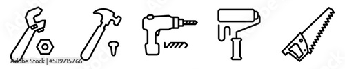 Conjunto de iconos de ferretería. Herramientas de trabajo y construcción. Llave inglesa, martillo, taladro, rodillo de pintura, sierra. Ilustración vectorial