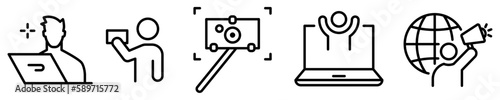 Conjunto de iconos de Blogger. Concepto de entretenimiento. Creador de contenido, famoso, influencer. Ilustración vectorial