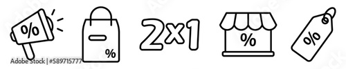 Conjunto de iconos de promociones. Concepto de negocio y descuento. Rebajas y ofertas en la tienda. Marketing digital, etiqueta de descuento, 2x1, tienda, bolsa de compra. Ilustración vectorial