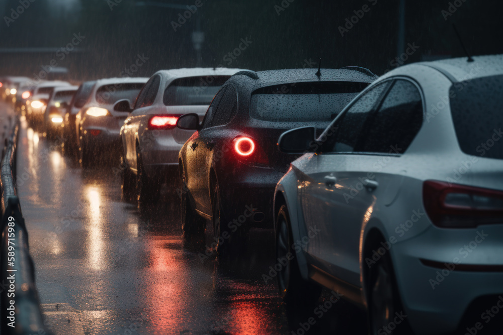 car traffic jam on the road rain bad weather generative ai