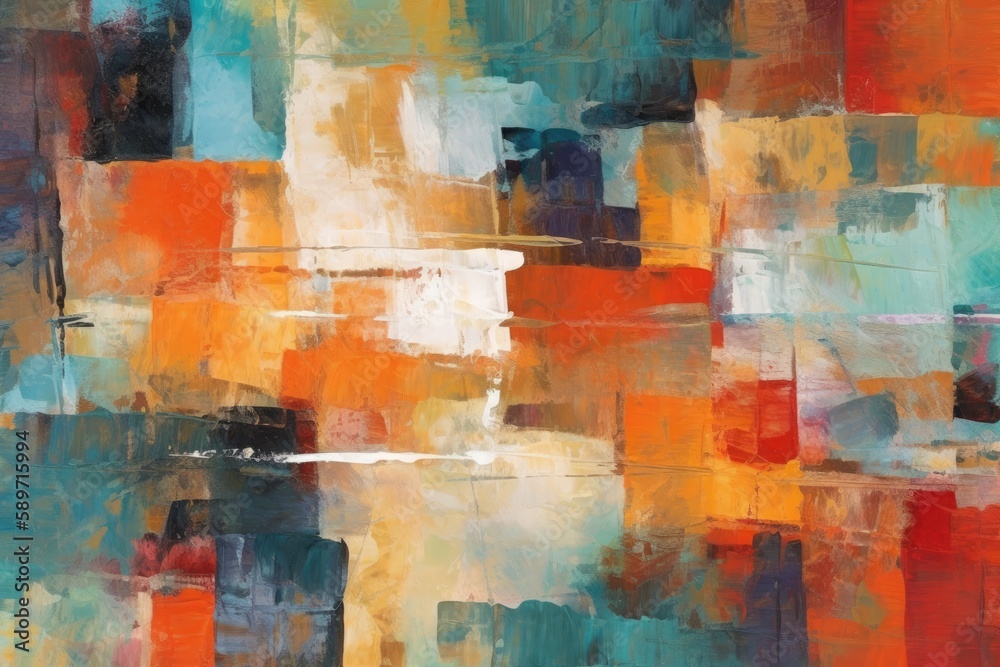 an abstract painting featuring squares in shades of orange and blue. Generative AI