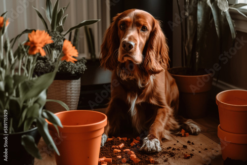 harmful dog pet broken flower pots generative ai photo