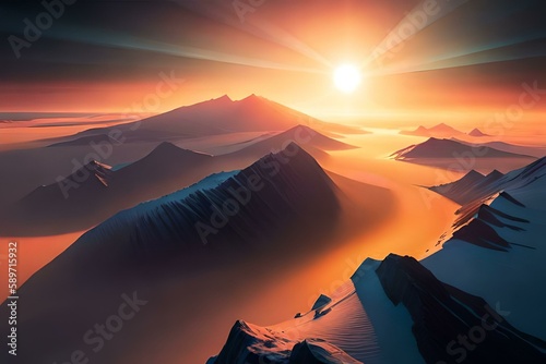 cosmic adventure on a foreign planet  beautiful scenery of landscapes from different planets  mountain ranges and dunes  intense light on the sands. generated with ai