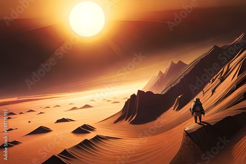 cosmic adventure on a foreign planet  beautiful scenery of landscapes from different planets  mountain ranges and dunes  intense light on the sands. generated with ai