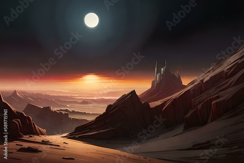 cosmic adventure on a foreign planet, beautiful scenery of landscapes from different planets, mountain ranges and dunes, intense light on the sands. generated with ai