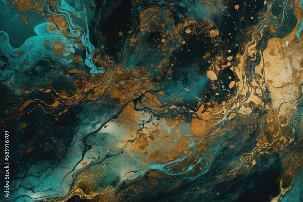 an abstract painting with dominant gold and blue colors. Generative AI