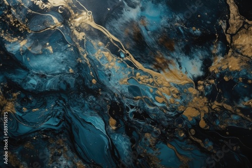 an abstract painting with gold and blue colors. Generative AI