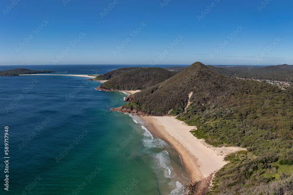 Panoramic view from Tomaree Head Summit, Port Stephens, NSW, Australia including Zenith Beach, Wreck Beach & Box Beach, Fingal Spit & Fingal Island 