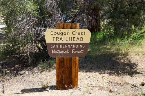 The Cougar Crest Trailhead, San Bernardino National Forest wooden sign at the entrance to the trail at the Discovery Center in Big Bear, California. photo