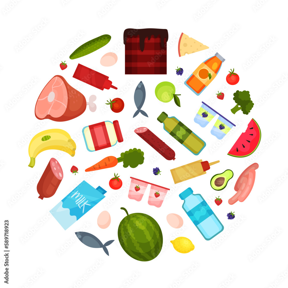 Grocery Food Store Round Composition Design with Products Vector Template Grocery Food Store Round Composition Design with Products Vector Template