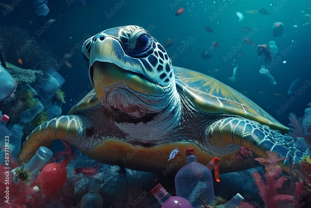 Ai generated image of a sea turtle surrounded by trash