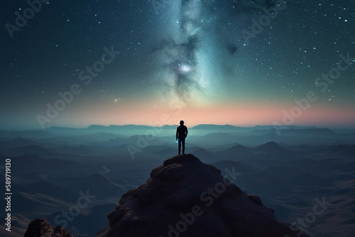 Ai generated image of a silhouette of a hiker looking at the milky way