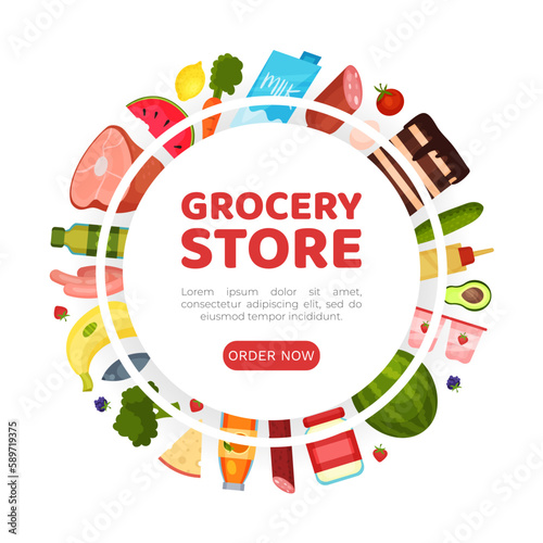 Grocery Food Store Banner Design with Products Vector Template