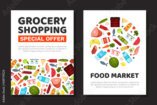 Grocery Food Store Banner Design with Products Vector Template