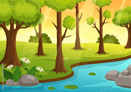 River Landscape Illustration with View Mountains, Green Fields, Trees and Forest Surrounding the Rivers in Flat Cartoon Hand Drawn Templates
