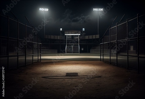 Fictional Dark and Quiet Baseball Diamond with Empty Stands at Night. Generative AI photo
