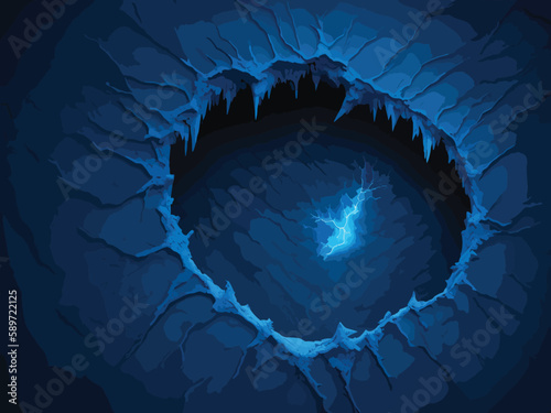 A blue ice cave with a hole in it.