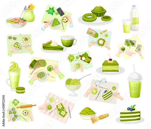 Sweet Green Desserts and Treat with Hands Big Vector Set