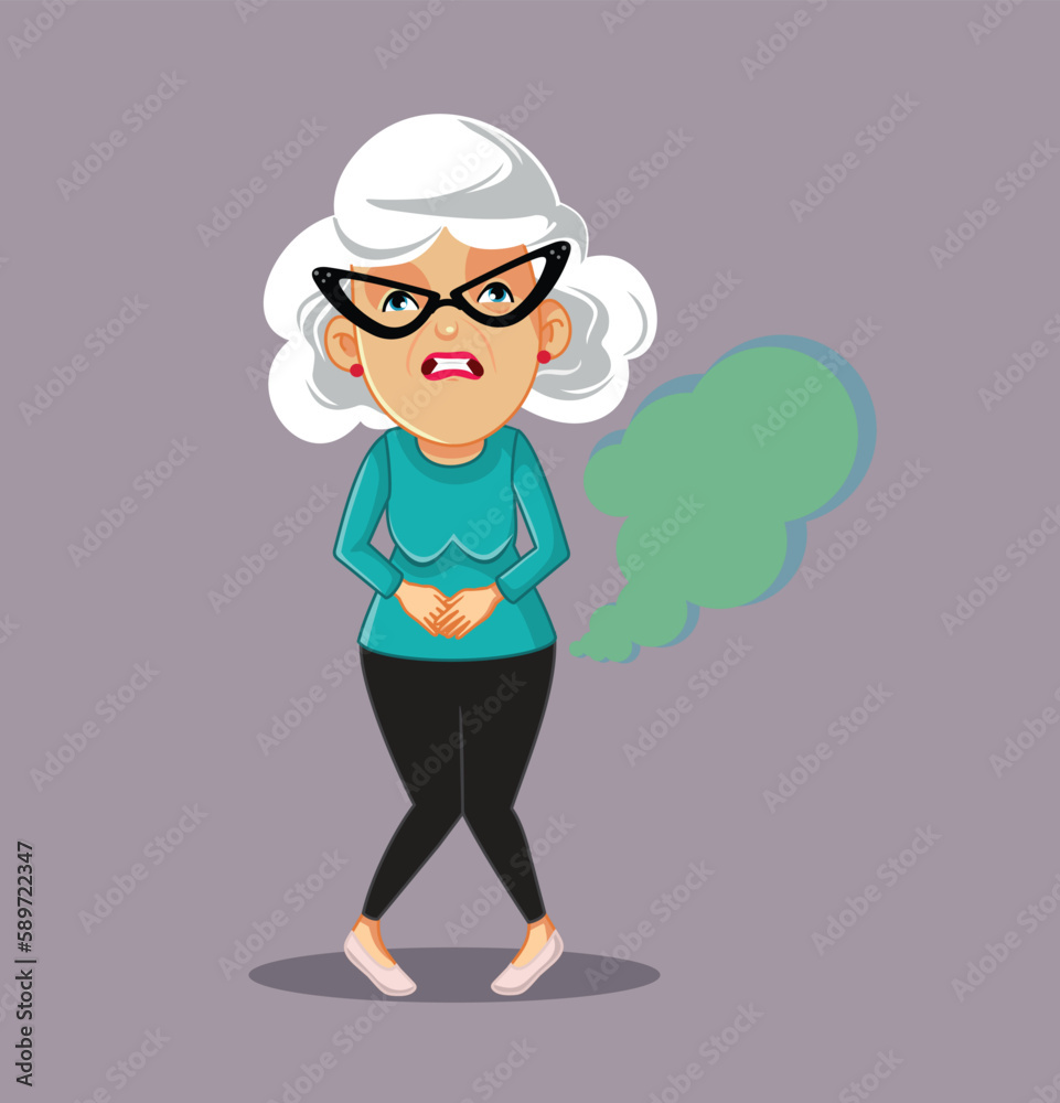 Vecteur Stock Elderly Woman Farting Due to Health Problems Vector Cartoon Illustration. Senior