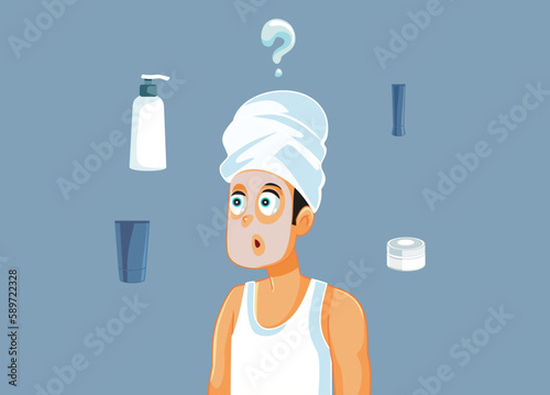 Man Worried About Skin Care Ritual Vector Cartoon Illustration. Puzzled guy figures out which facial producers to use 
