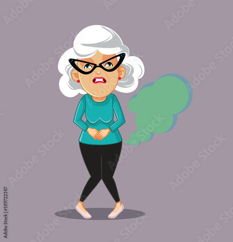Elderly Woman Farting Due to Health Problems Vector Cartoon Illustration. Senior grandma suffering from flatulence problem due to celiac disease 
