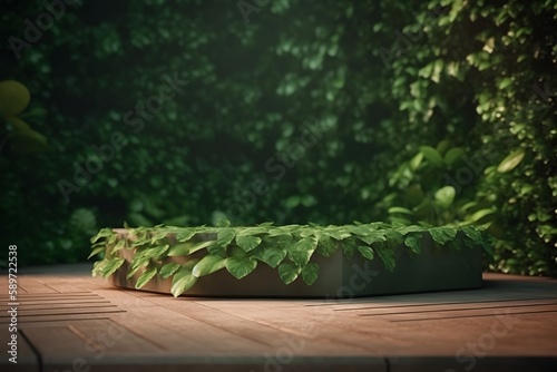 Empty podium with a lush garden and green vines backdrop. Generative AI
