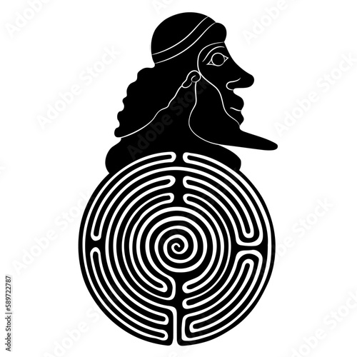 Round spiral maze or labyrinth symbol with bearded human head. Theseus, Daedalus or Minos. Ancient Greek mythology. Creative concept. Black and white silhouette.