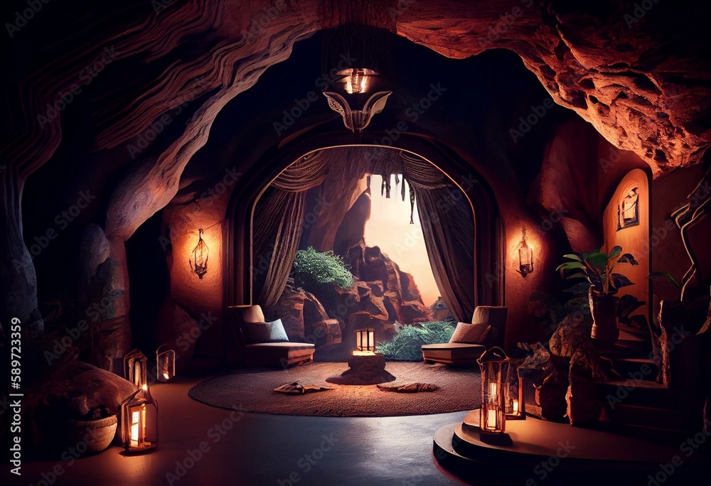 Luxury apartment inside a cave, concept of Exotic Ambience and Opulence, created with Generative AI technology