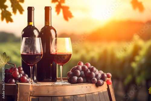 Two glasses of red wine ripe grapes and bottle on table in vineyard. Generative AI