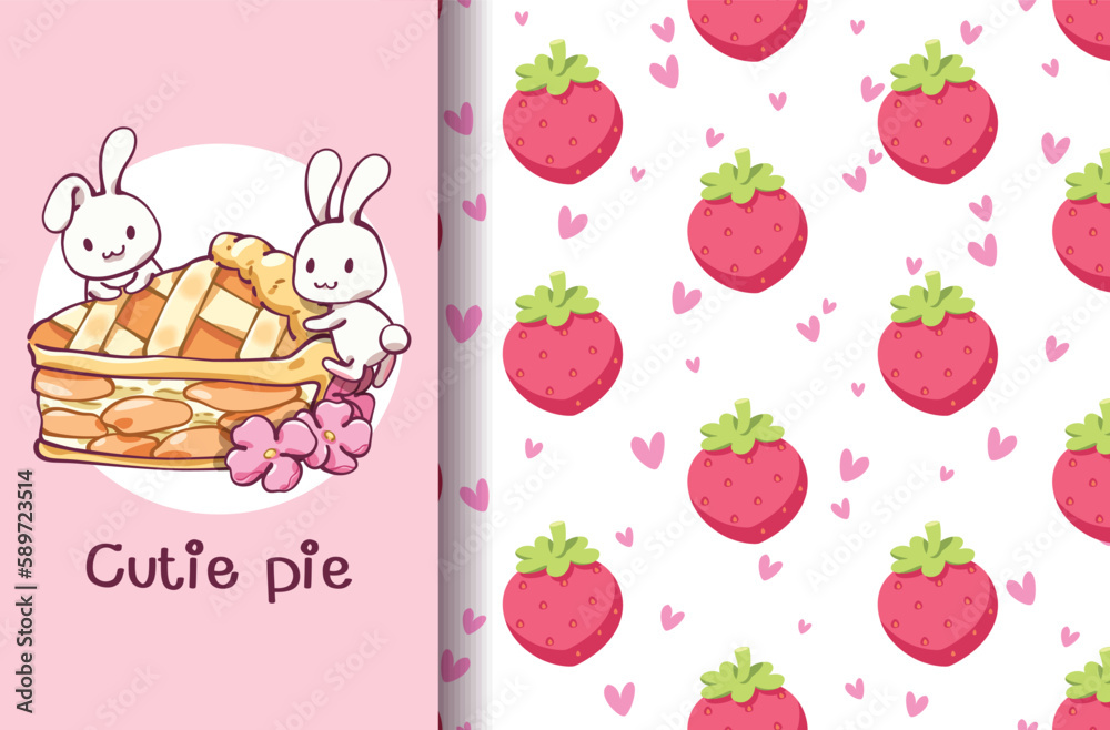 Greeting card and print seamless pattern cutie pie with little rabbit ...