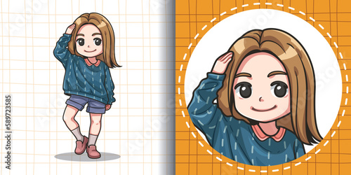 Cartoon style avatars for social media. Avatars profile of a girl with golden brown shoulder-length hair wore a large blue-green shirt and shorts. Vector image.