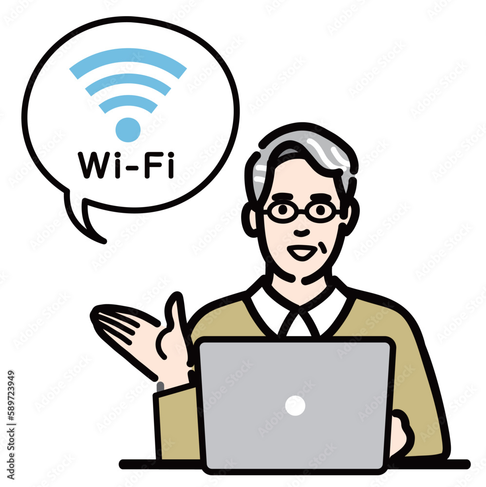 ラップトップの前に座ってWi-Fiの説明をしているメガネをかけたシニア男性
