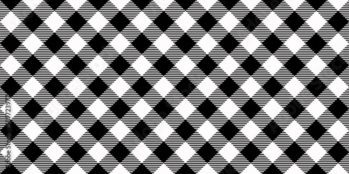 Seamless diagonal gingham pattern. Black and white slanted vichy cage background. Checked tweed plaid repeating wallpaper. Fabric texture design. Vector 