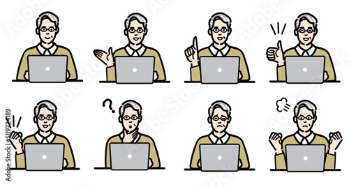 ラップトップの前に座ってメガネをかけたシニア男性の仕草、ジェスチャーのセット
