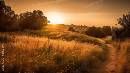 Illustration of A Sunset in A Field. Rural Country Landscape, Sun Setting in the Horizon. 