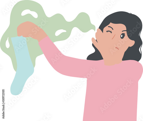 Portrait of woman holding stinky socks and covering her nose vector illustration