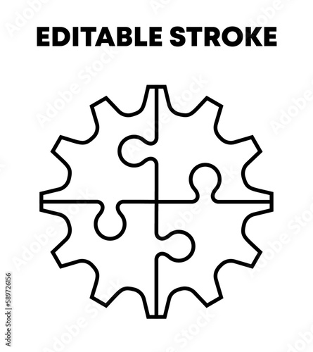  Cog wheel and a jigsaw puzzle. Black gear puzzle line vector isolated on white background.