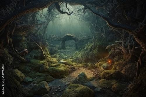 Haunted and Eerie Fairy Tale Forest Landscape, Generative AI