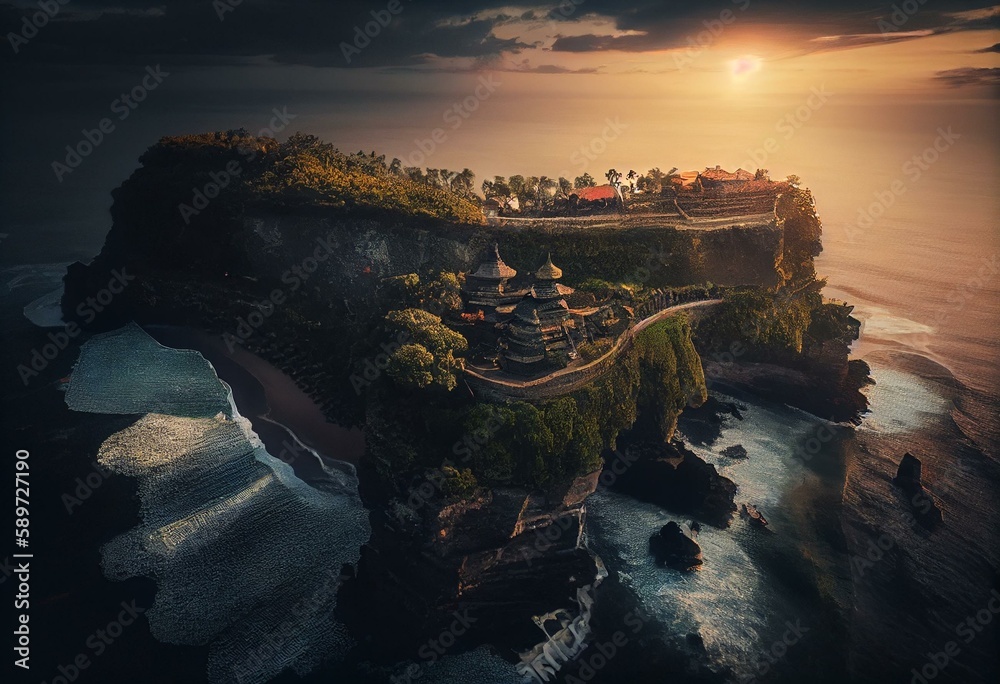Bali, Indonesia, Aerial View of Uluwatu Temple at Sunrise. Generative AI