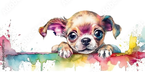 watercolor background with playful baby puppy border - generative AI Art © meredith blaché 