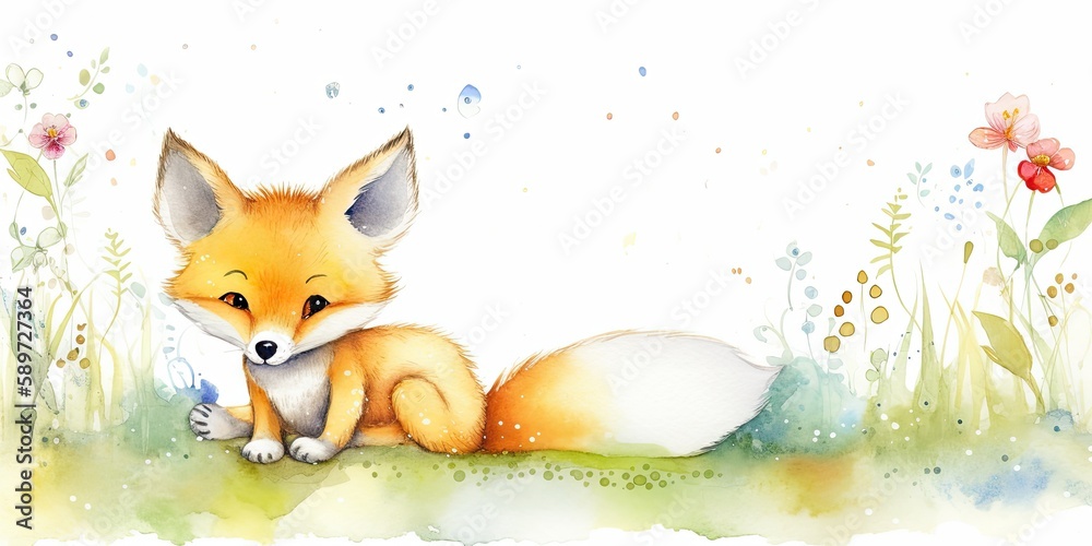 watercolor background with playful baby fox border - generative AI Art