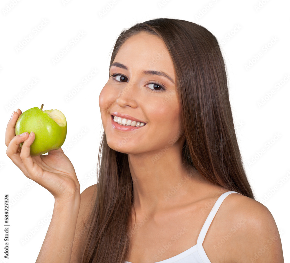 Smiling Womna Holding a Bitten Apple - Isolated Smiling Womna Holding a Bitten Apple - Isolated