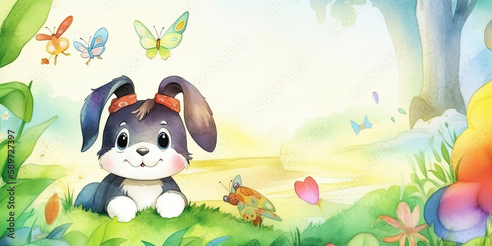 Obraz premium watercolor background with playful baby bunny border - generative AI Art