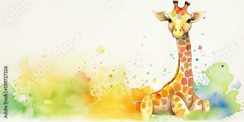 watercolor background with playful baby giraffe border - generative AI Art