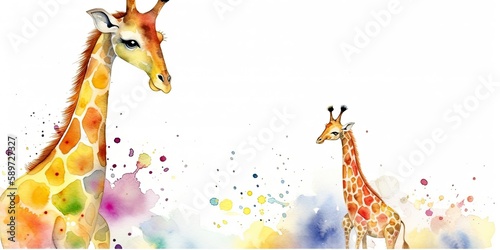 watercolor background with playful baby giraffe border - generative AI Art